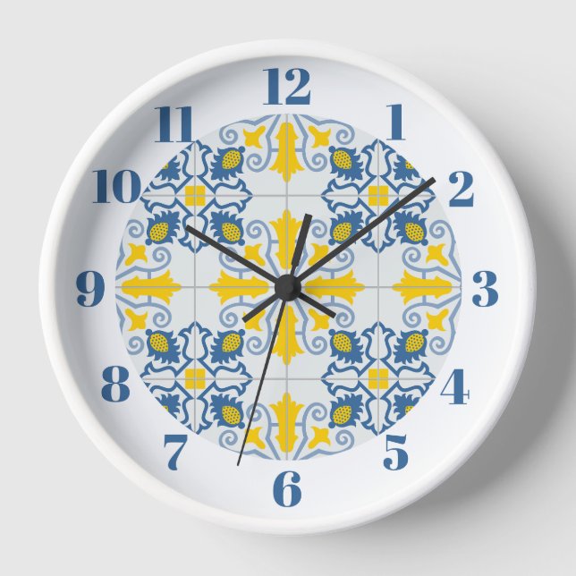 Blue and yellow pretty Portuguese tiles pattern Clock (Front)