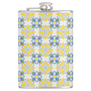 Blue and yellow pretty Portuguese tiles pattern Hip Flask