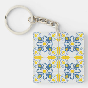 Blue and yellow pretty Portuguese tiles pattern Keychain