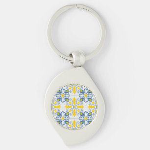 Blue and yellow pretty Portuguese tiles pattern Keychain
