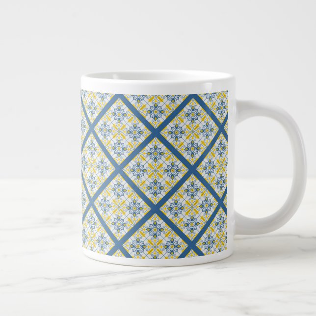 Blue and yellow pretty Portuguese tiles pattern Large Coffee Mug (Right)