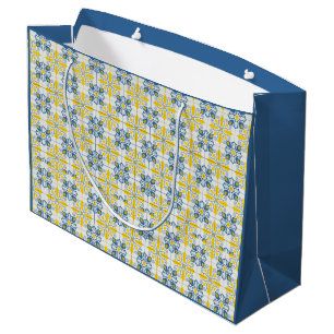 Blue and yellow pretty Portuguese tiles pattern Large Gift Bag