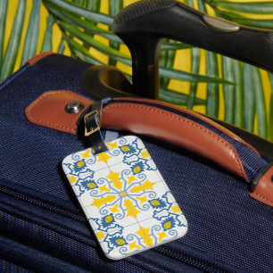 Blue and yellow pretty Portuguese tiles pattern Luggage Tag