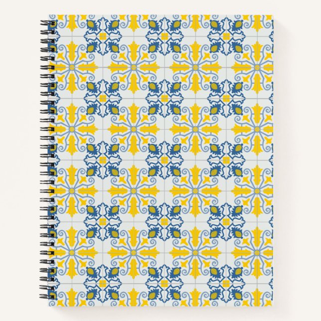 Blue and yellow pretty Portuguese tiles pattern Notebook (Front)