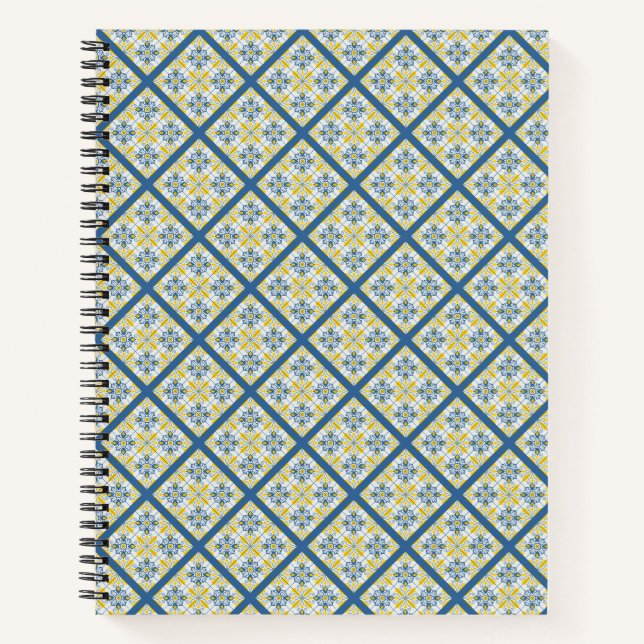 Blue and yellow pretty Portuguese tiles pattern Notebook (Front)