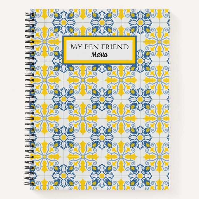 Blue and yellow pretty Portuguese tiles pattern Notebook (Front)