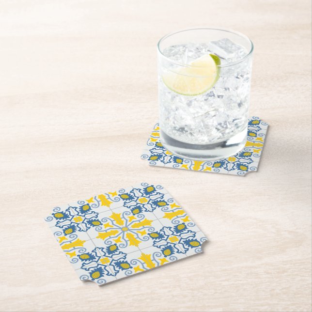 Blue and yellow pretty Portuguese tiles pattern Paper Coaster (Insitu)