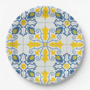 Blue and yellow pretty Portuguese tiles pattern Paper Plate