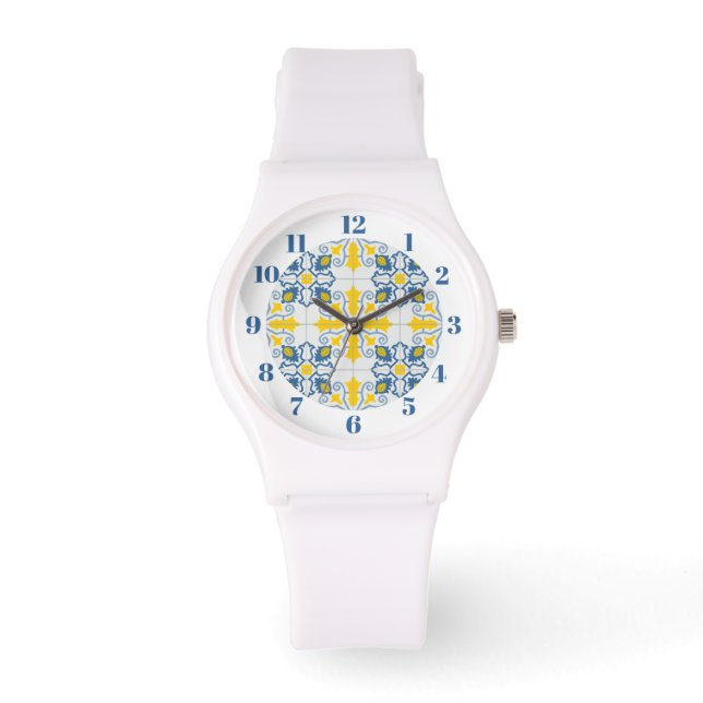 Blue and yellow pretty Portuguese tiles pattern Watch (Front)