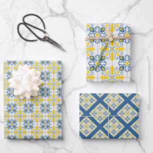 Blue and yellow pretty Portuguese tiles pattern Wrapping Paper Sheet