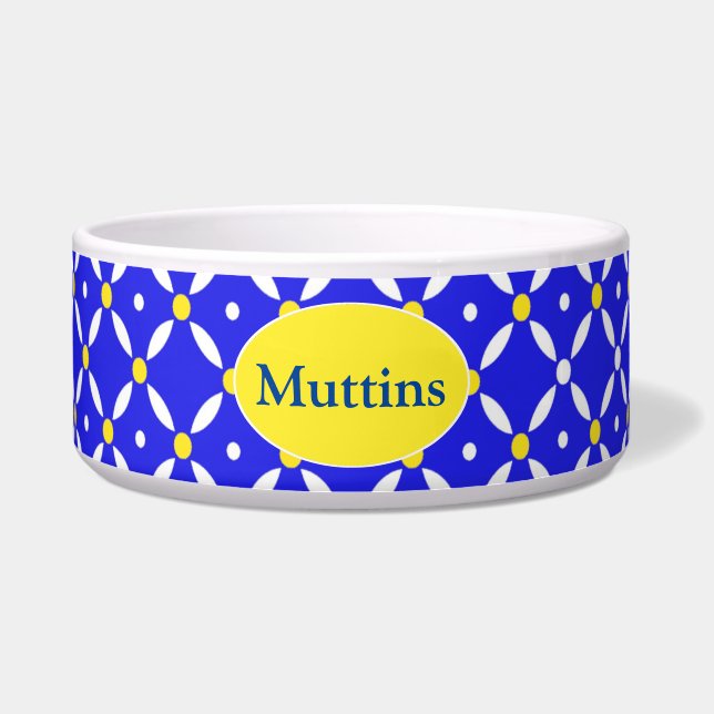 Blue and Yellow Quatrefoil Custom Pet Bowl (Front)
