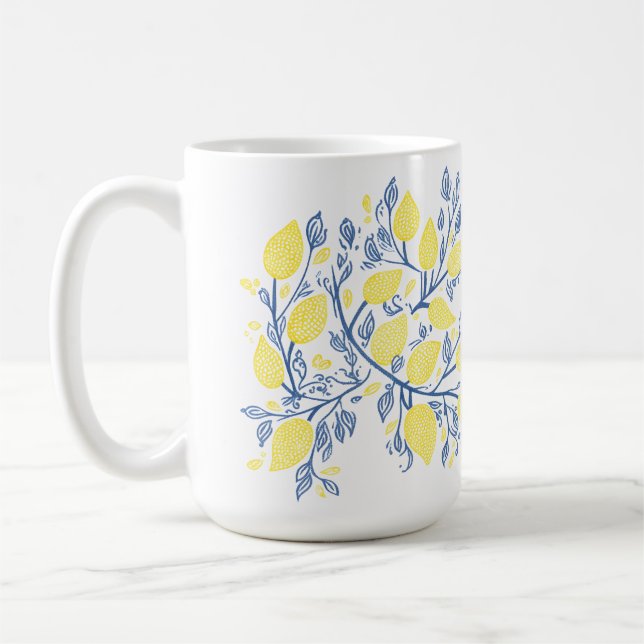 Blue and yellow refreshing lemon vines coffee mug (Left)