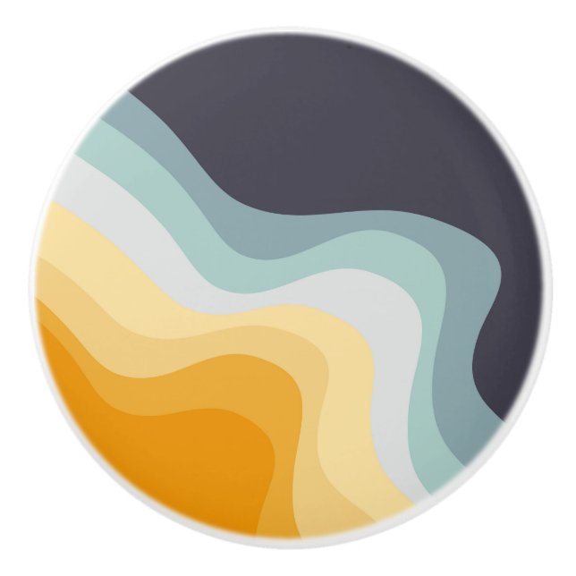 Blue and yellow retro style waves ceramic knob (Front)
