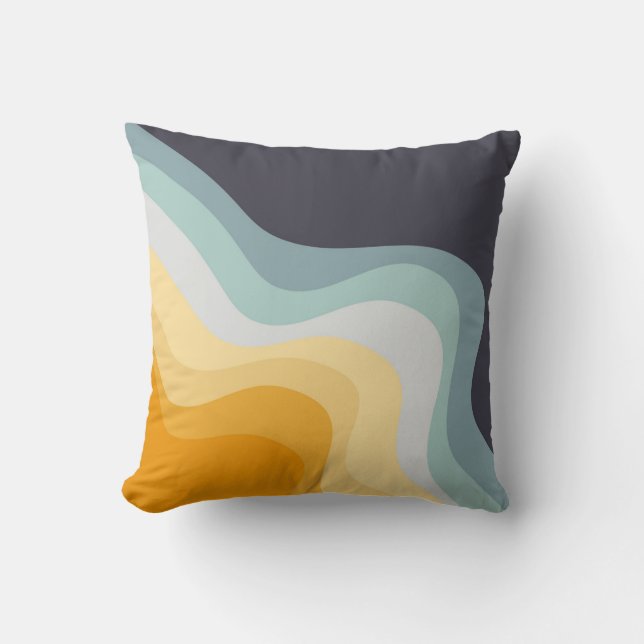 Blue and yellow retro style waves throw pillow (Front)