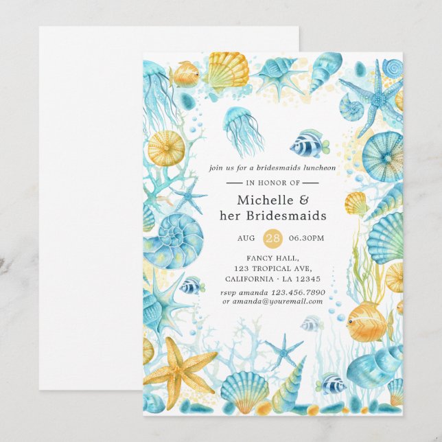 Blue and Yellow Sea Life Bridesmaids Luncheon Invitation (Front/Back)