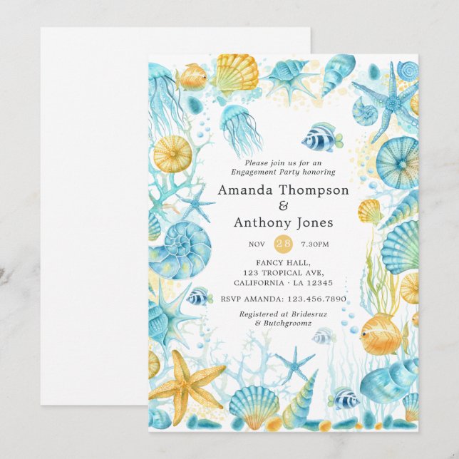 Blue and Yellow Sea Life Wedding Engagement Party Invitation (Front/Back)