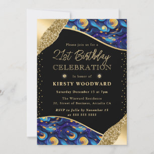 Blue and Yellow Starry Night 21st Birthday Invitation