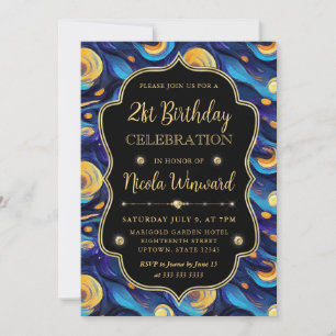 Blue and Yellow Starry Night 21st Birthday Invitation