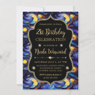 Blue and Yellow Starry Night 21st Birthday Invitation