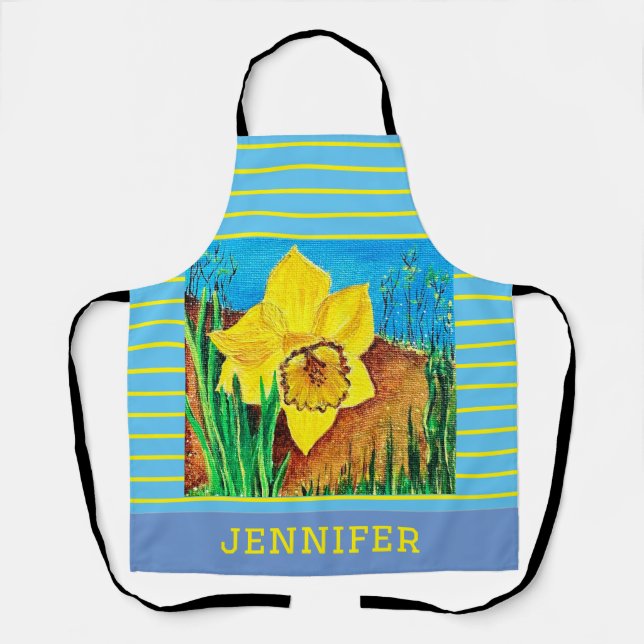 Blue and Yellow Stripe Floral All-Over Print Apron (Front)