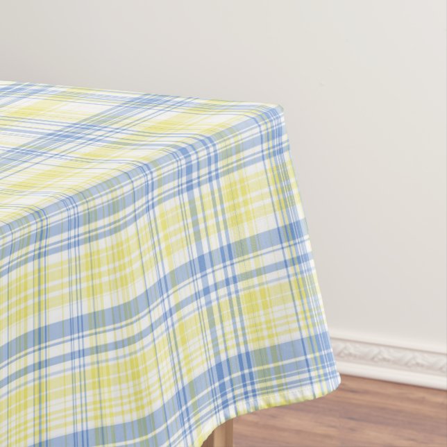 Blue and yellow striped and checked tablecloth (In Situ)