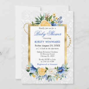 Blue and Yellow Summer Flowers Gold Baby Shower Invitation