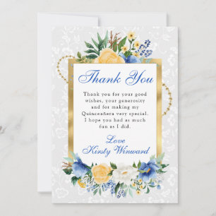 Blue and Yellow Summer Flowers Gold Quinceanera Thank You Card