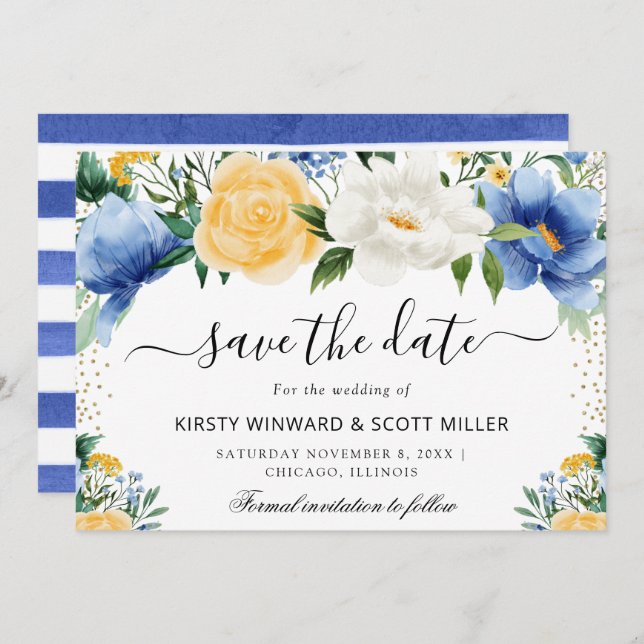 Blue and Yellow Summer Flowers Wedding Save The Date (Front/Back)