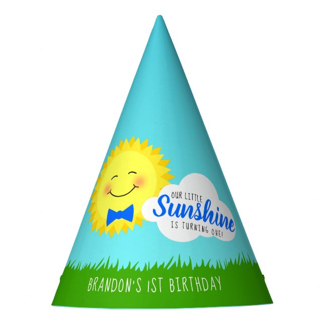 Blue and Yellow Sunshine Birthday Party Hat (Front)