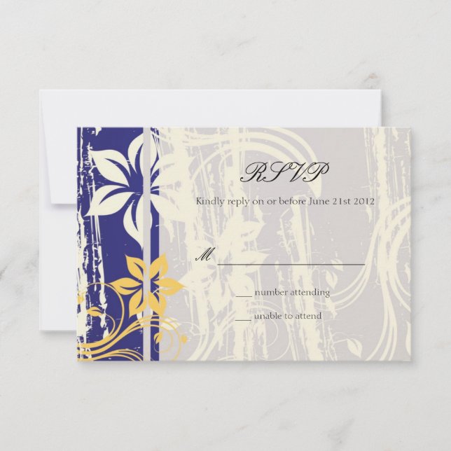 Blue and Yellow Swirl Wedding RSVP Card (Front)