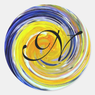 Blue and yellow swirls initial classic round sticker