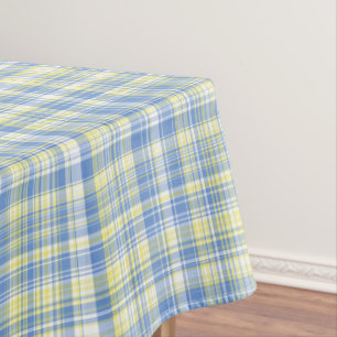 Blue and yellow tablecloths and tiles