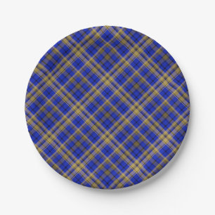 Blue and yellow tartan plaid.  paper plate