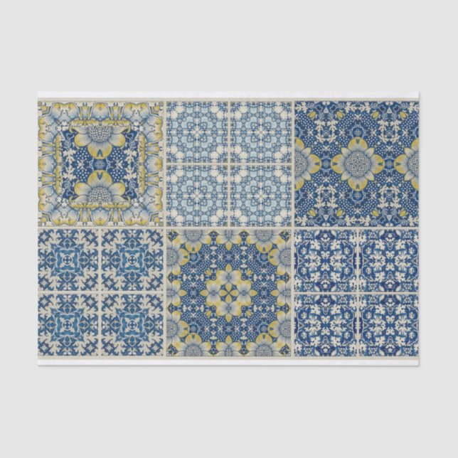 Blue and yellow tile design decoupage tissue paper (Front)