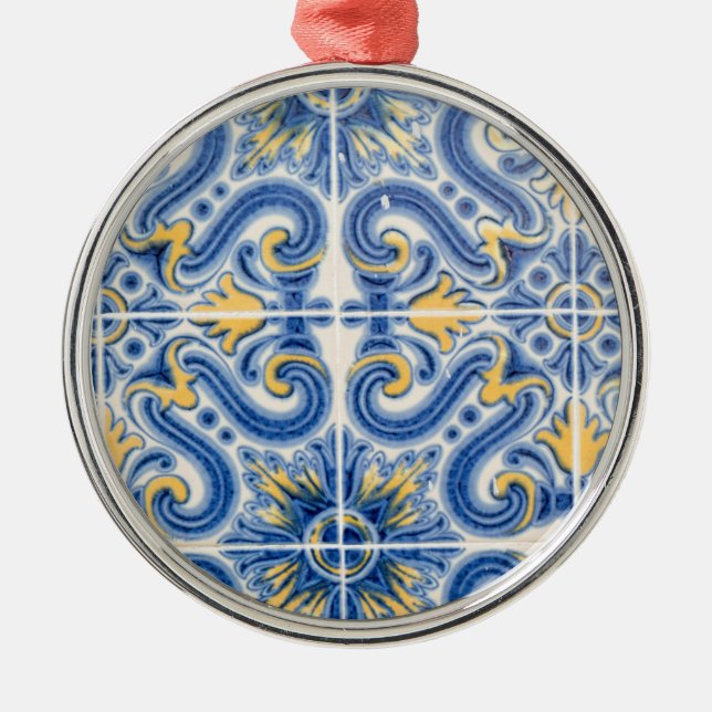 Blue and yellow tile, Portugal Metal Ornament (Front)