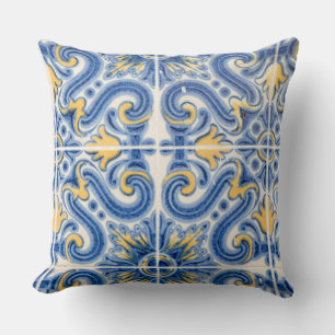 Blue and yellow tile, Portugal Throw Pillow