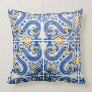 Blue and yellow tile, Portugal Throw Pillow