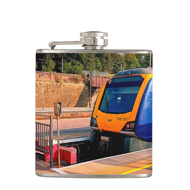 Blue and yellow train hip flask (Front)