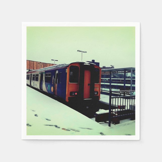 Blue and yellow train napkin (Front)