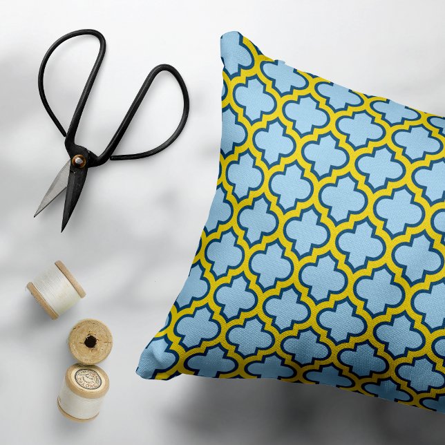 Blue and Yellow Trellis, Lattice, Quatrefoil Accent Pillow (Creator Uploaded)