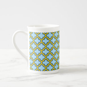 Blue and Yellow Trellis, Lattice, Quatrefoil Bone China Mug
