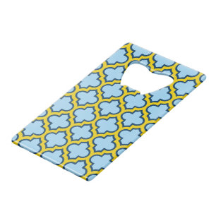 Blue and Yellow Trellis, Lattice, Quatrefoil Credit Card Bottle Opener