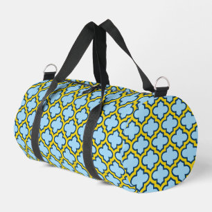Blue and Yellow Trellis, Lattice, Quatrefoil Duffle Bag