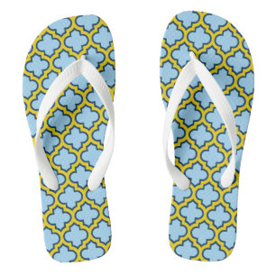 Blue and Yellow Trellis, Lattice, Quatrefoil Flip Flops