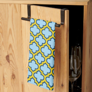 Blue and Yellow Trellis, Lattice, Quatrefoil Kitchen Towel