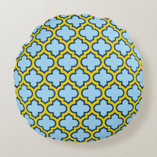 Blue and Yellow Trellis, Lattice, Quatrefoil Round Pillow
