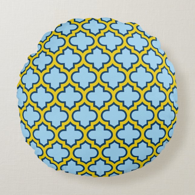 Blue and Yellow Trellis, Lattice, Quatrefoil Round Pillow (Front)