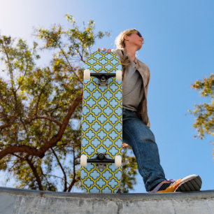 Blue and Yellow Trellis, Lattice, Quatrefoil Skateboard