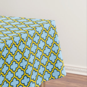 Blue and Yellow Trellis, Lattice, Quatrefoil Tablecloth