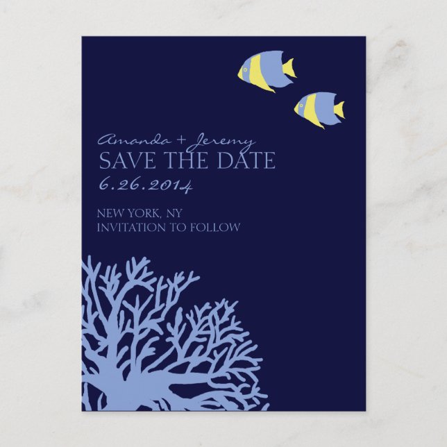 Blue and Yellow Tropical Fish  Save the Date Announcement Postcard (Front)